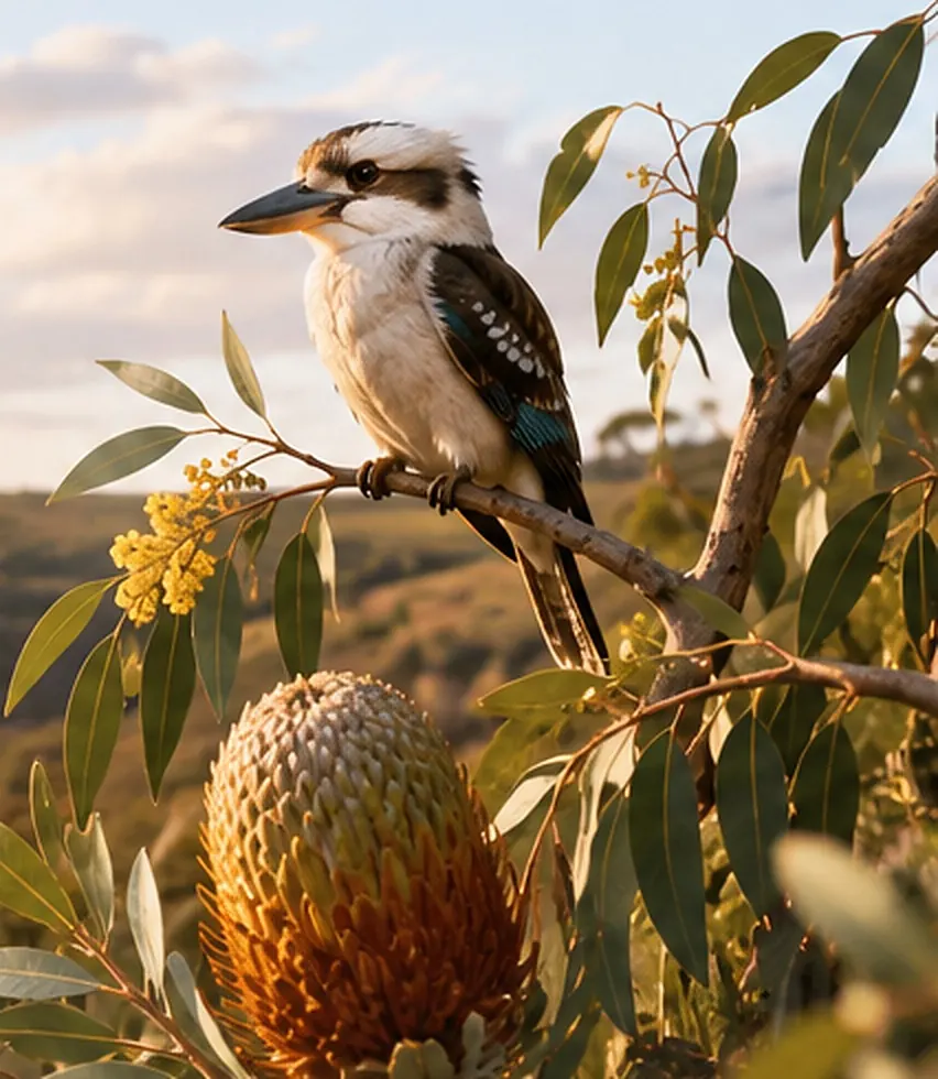 Kookaburra and banksia in Australian bushland